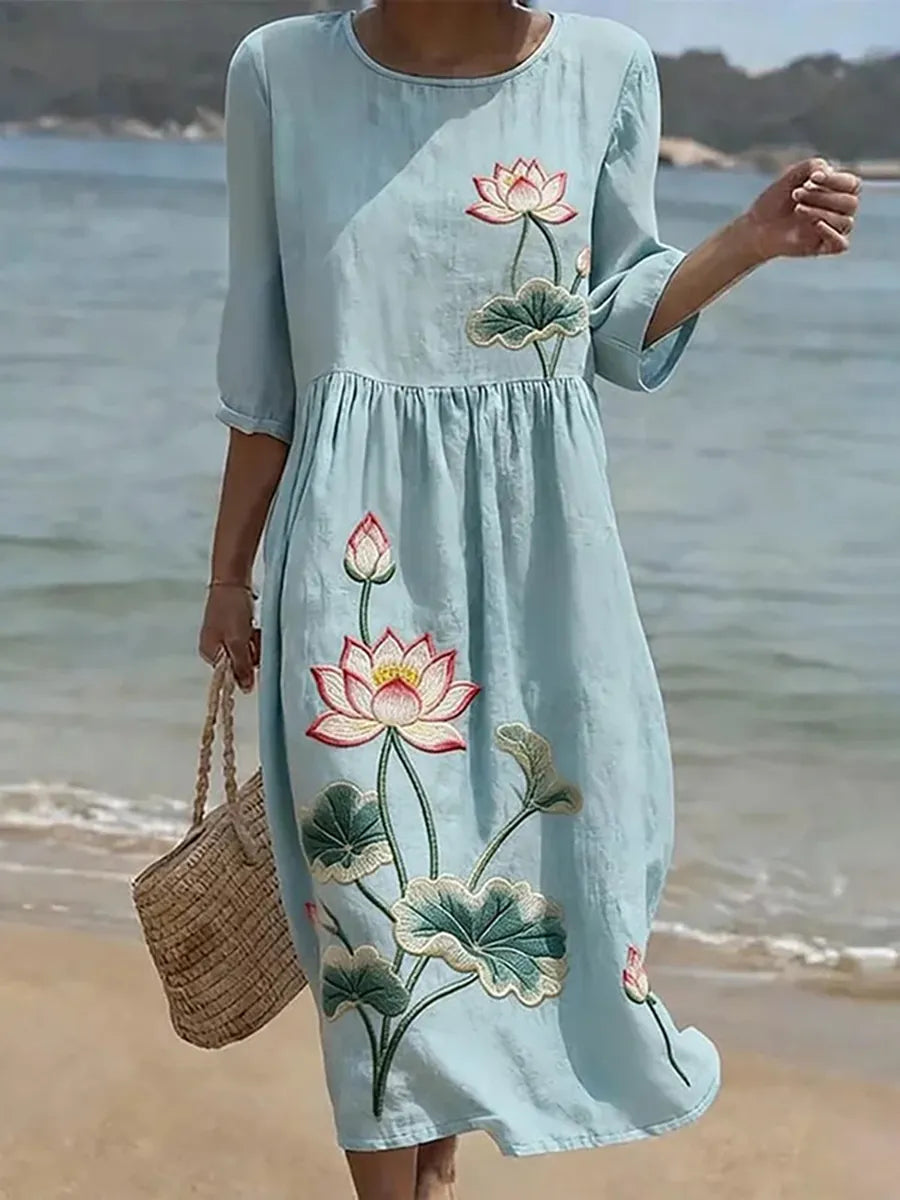 Vestido Lotus Bordado Azul Claro