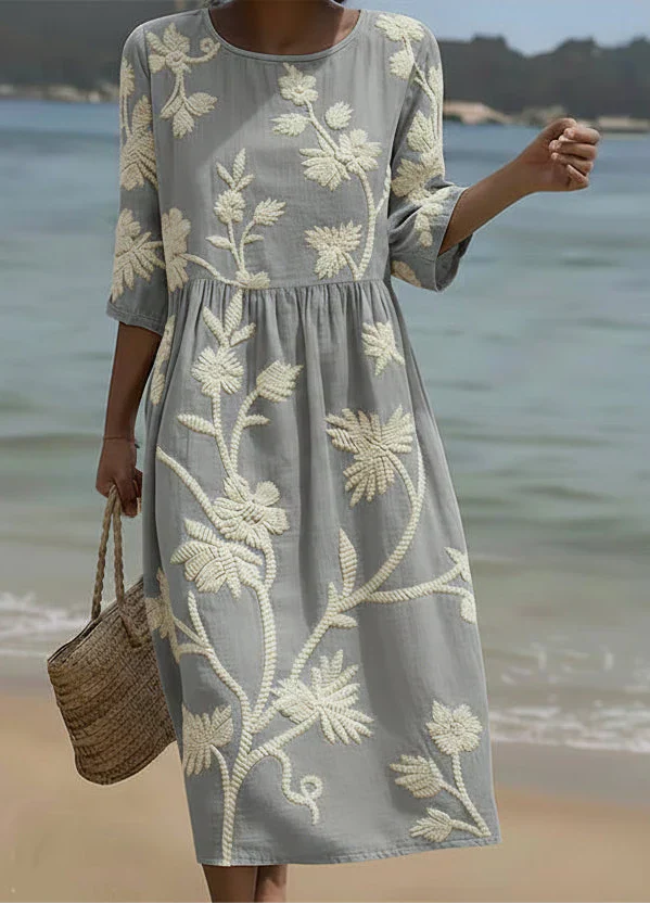 Vestido Floral Bordado Gris Perla