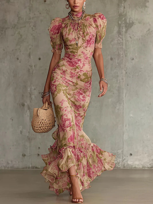 Lorena | Vestido largo romántico con estampado de rosas