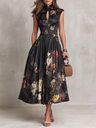 Estefanía | Vestido midi satinado negro con estampado floral