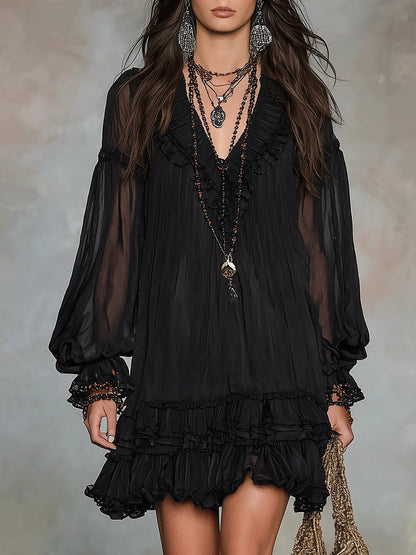 Patricia | Vestido corto negro fluido con escote en V y mangas amplias