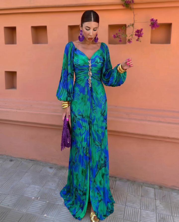 Vestido Gregoria verde y azul, frente