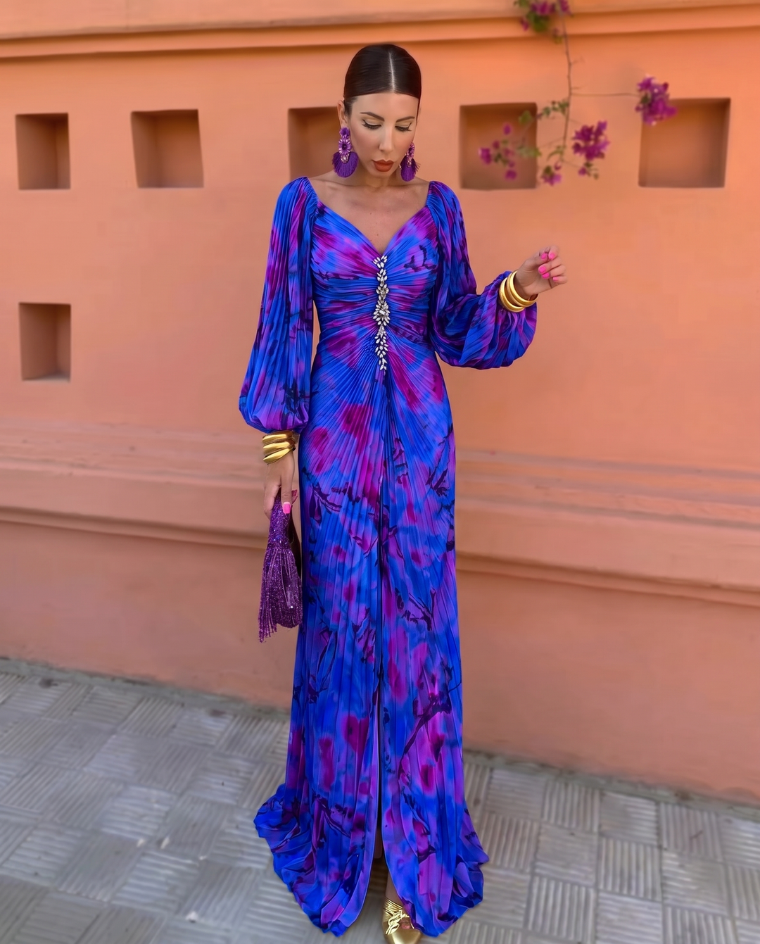Vestido Gregoria azul y morado, frente