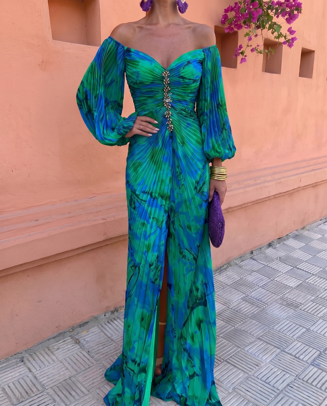 Vestido Gregoria verde y azul, lateral con abertura