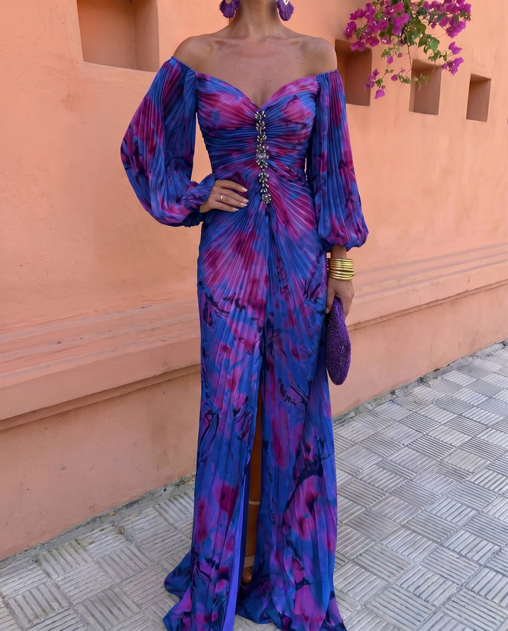 Vestido Gregoria azul y morado, lateral con abertura