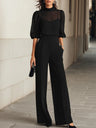Sara | Set negro de tres piezas con top transparente y pantalón de pierna ancha