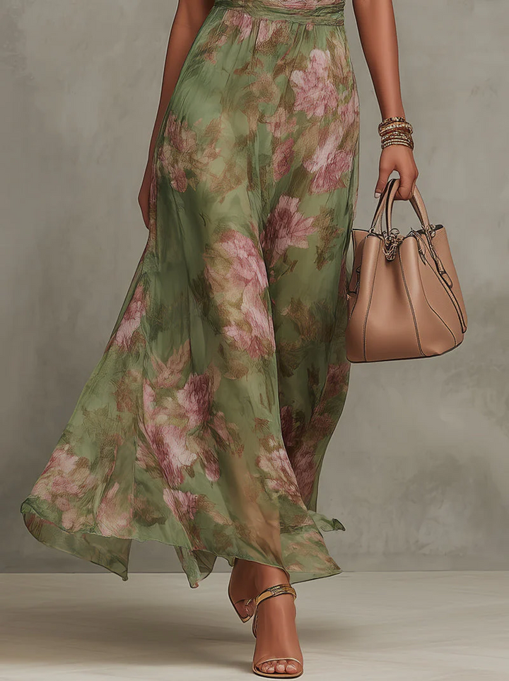 Marta | Vestido largo floral en chiffon con escote halter