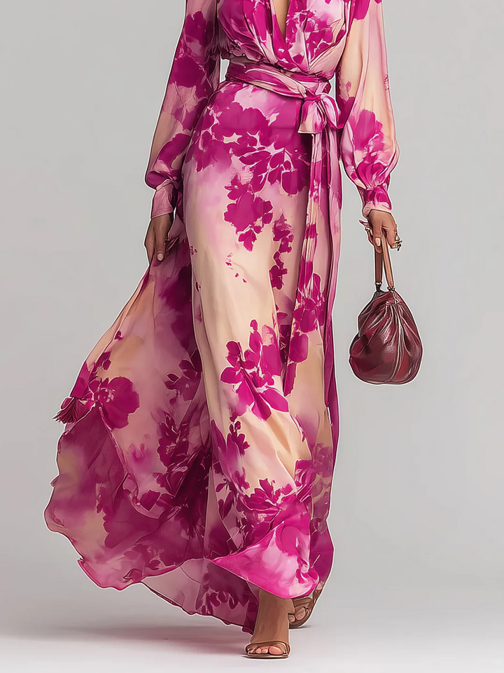 Ariadna | Vestido largo floral rojo con escote en V y cintura definida