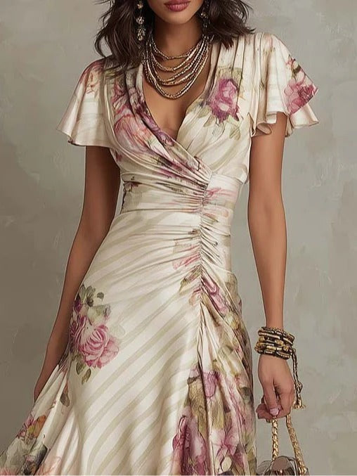 Alba | Vestido midi satinado floral elegante estilo retro